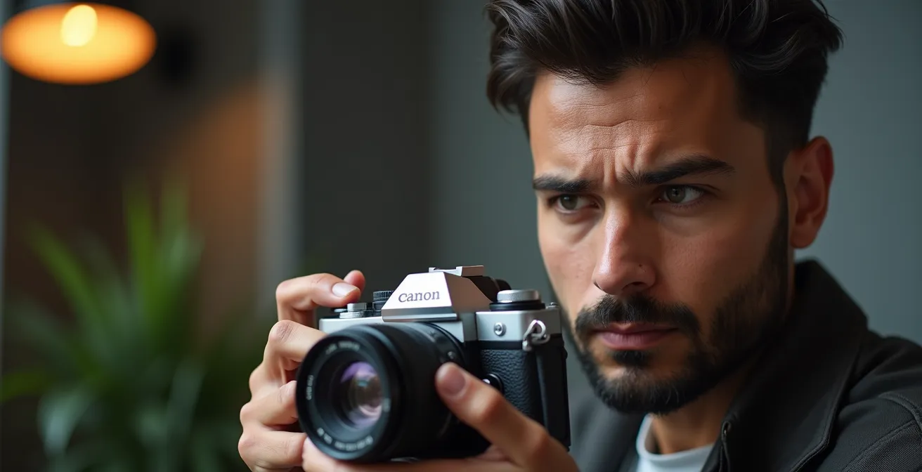Photographe contemplant un appareil reflex professionnel, moment de décision d'évolution vers un nouveau matériel
