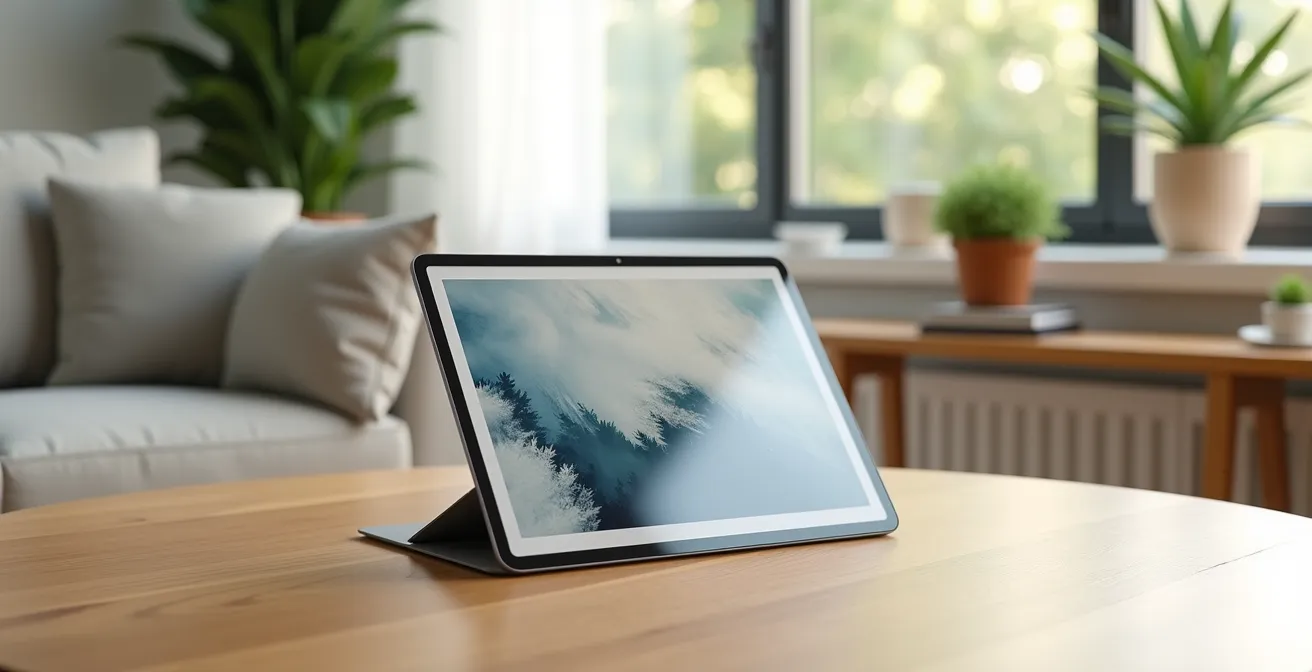 Photo réaliste d'un album photo numérique sur tablette dans un environnement familial moderne épuré et lumineux