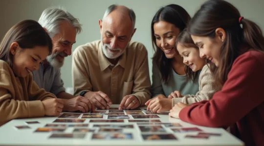 Une scène photo-réaliste d'une famille réunie autour d'une table, triant des diapositives anciennes avec une lumière douce, un fond net avec espace négatif, style éditorial réaliste