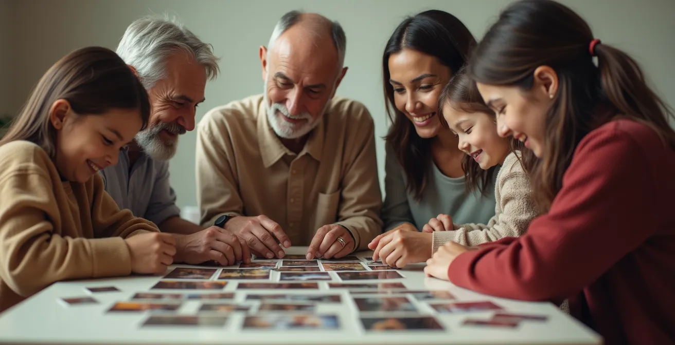 Une scène photo-réaliste d'une famille réunie autour d'une table, triant des diapositives anciennes avec une lumière douce, un fond net avec espace négatif, style éditorial réaliste