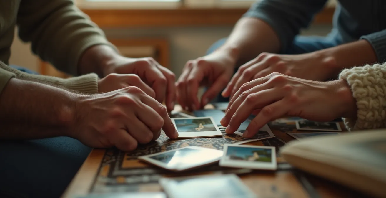 Photographie réaliste de mains d'adultes et enfants manipulant des diapositives anciennes à la lumière chaude