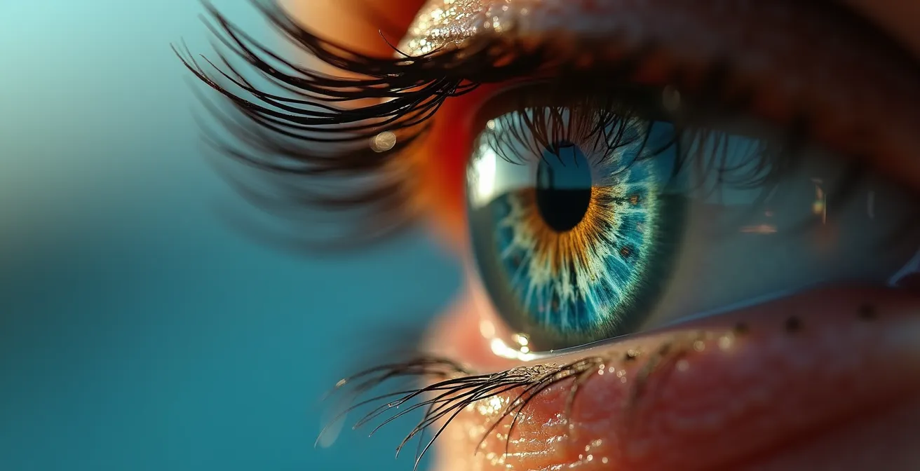 Gros plan macro sur un œil humain reflétant une scène photographique complexe