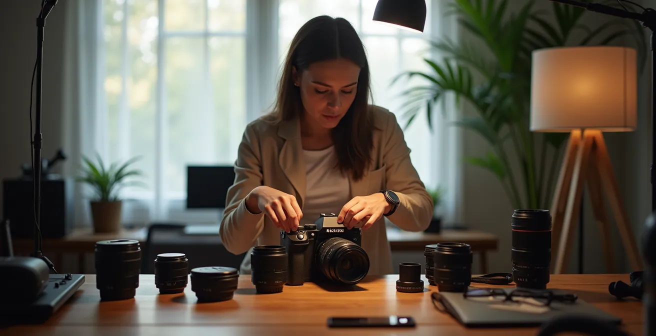 Portrait d'un jeune photographe organisant son matériel professionnel dans un studio personnel
