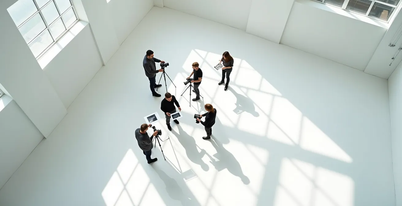 Vue aérienne minimaliste d'un groupe de photographes travaillant ensemble dans un espace créatif