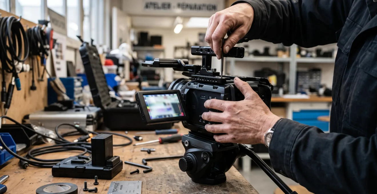 Gros plan sur les mains d'un technicien configurant une caméra cinéma professionnelle posée sur un établi, avec accessoires de montage à proximité