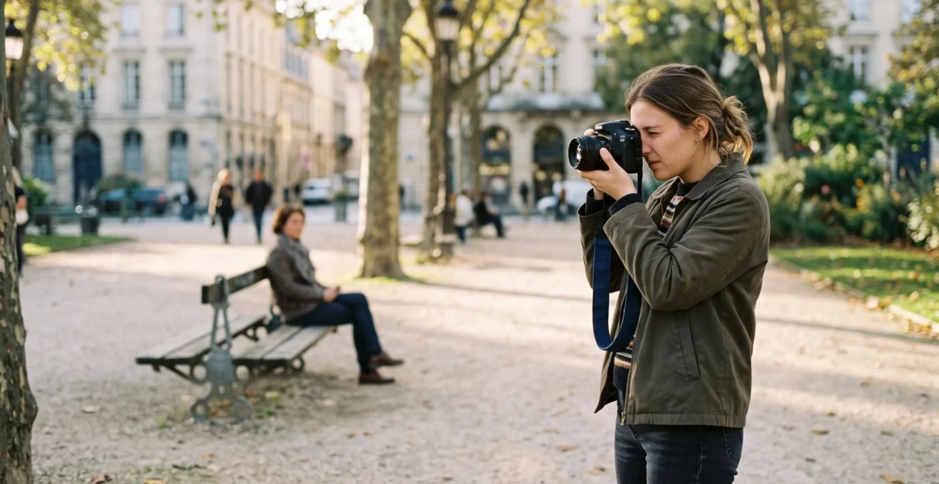 Un photographe amateur prend en photo une personne assise sur un banc dans un parc, avec un arrière-plan nettement flou.
