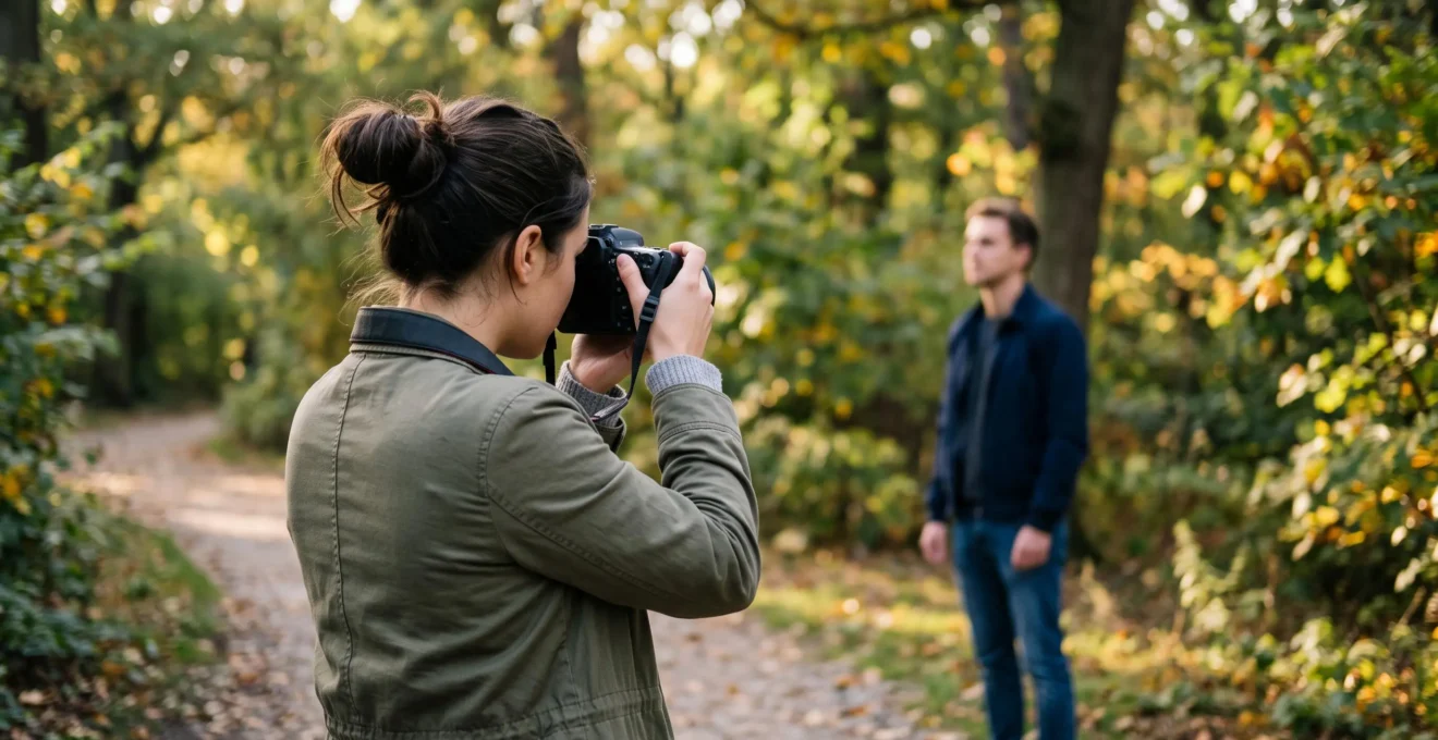 Un photographe cadre un portrait au boîtier dans un parc, avec un arrière-plan d'arbres flou illustrant la faible profondeur de champ.