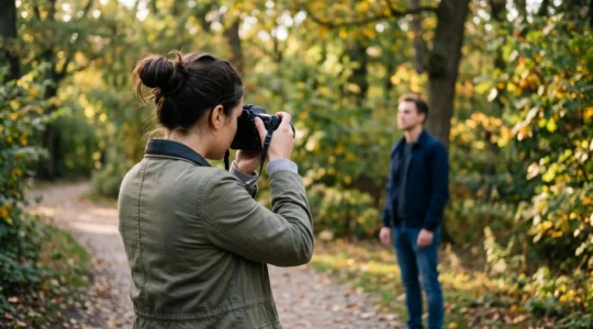Un photographe cadre un portrait au boîtier dans un parc, avec un arrière-plan d'arbres flou illustrant la faible profondeur de champ.