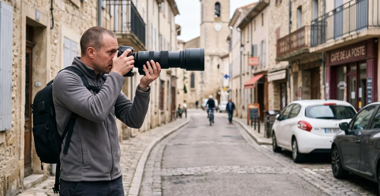 Un photographe utilise un téléobjectif pour photographier un sujet lointain dans une rue, avec un arrière-plan comprimé et flou.